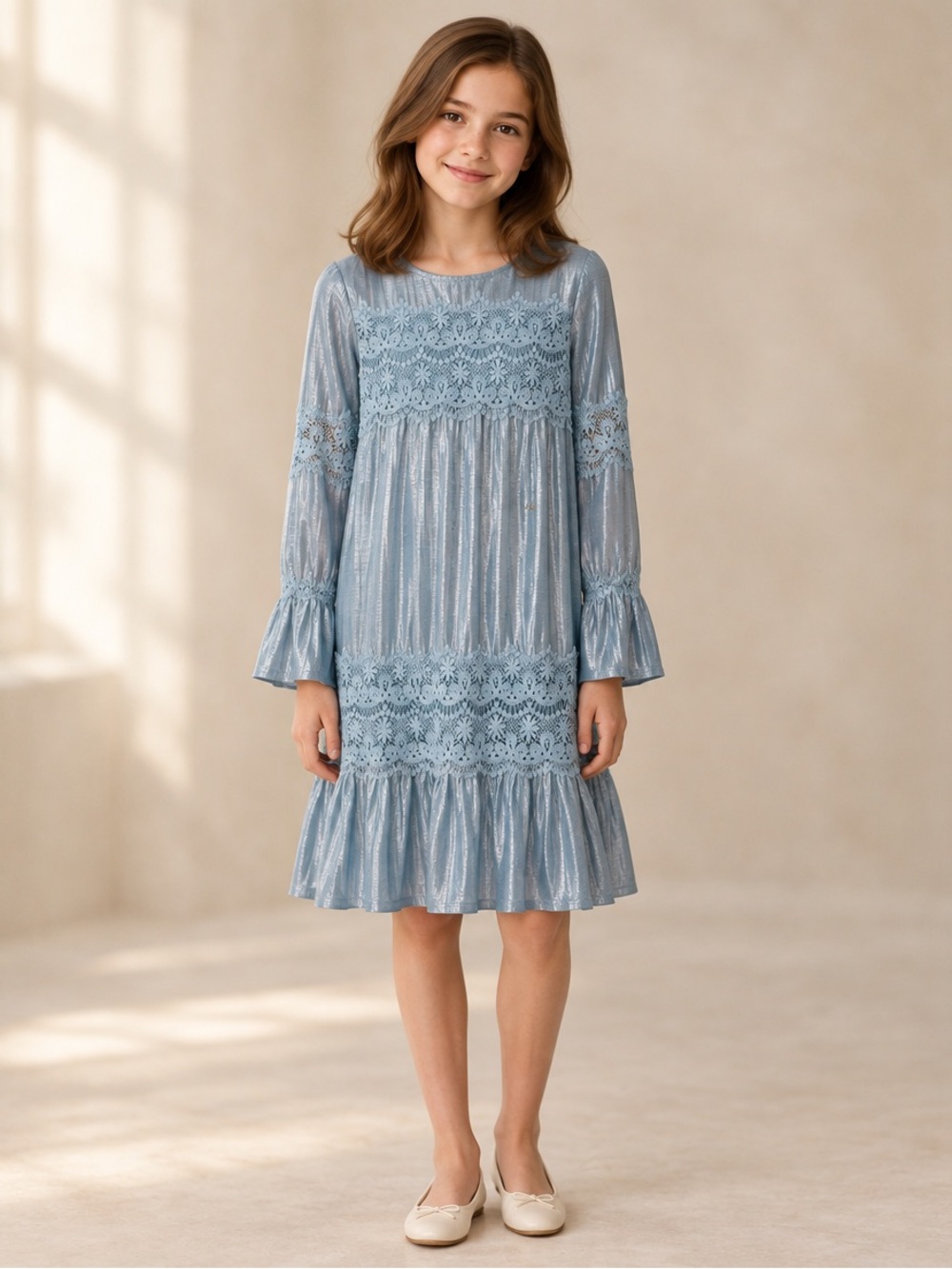 GB girls Powder Blue Lace-Panel Ruffle Dress